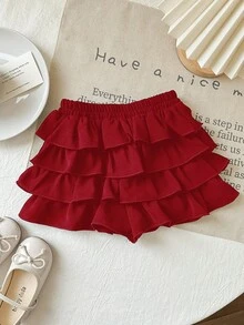 Babygirl Summer Cute Casual Versatile Black Ruffle Elastic Waist Mini Skirt - Red - View 7
