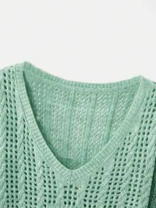 lacRébo Vestido corto de manga larga con cuello en V de punto de crochet y punto de canalé en color verde salvia para primavera y verano - Verde - Ver 8