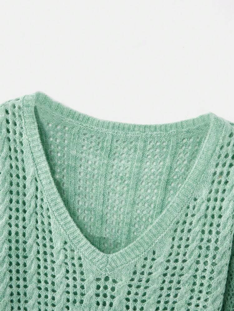 Sage Green Crochet And Rib Knit Long Sleeve V Neck Mini Dress Spring Summer French Style Parisian Style Knit Dress