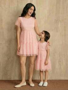 SHEIN Young Girl Gold Foil Contrast Mesh Cake Dress - Pink - View 2