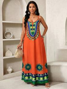 SHEIN Lady Women's Fashionable Black Printed Spaghetti Strap Dress, Summer - Multicolor - View 7