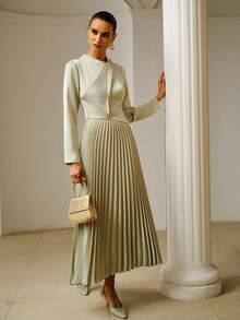 ZEYLAH Asymmetric Neck Pleated Long Sleeve Satin Dress, Spring/Summer - Green - View 5