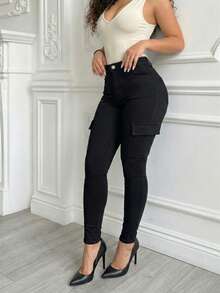 EMERY ROSE Women's Casual Fashion Street Snap Flap Pocket Skinny Cargo Jeans - Black - View 3