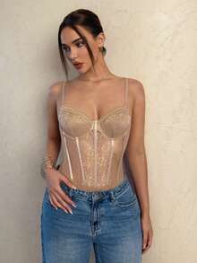 SHEIN Glamour 性感优雅双色蕾丝拼接透视网纱条纹花卉钢圈吊带背心 - 卡其色 - 查看 3