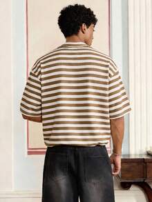 SWAVVY Men's Textured Striped Short Sleeve Shirt, Spring/Summer - Apricot - View 2