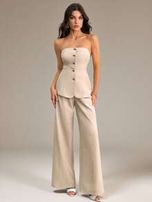 SHEIN Tall Conjunto de 2 piezas de top de camisola con botón de metal elegante y minimalista, y pantalones anchos de cintura alta color caqui, adecuado para ir a trabajar, uso casual, vacaciones - Caqui - Ver 5