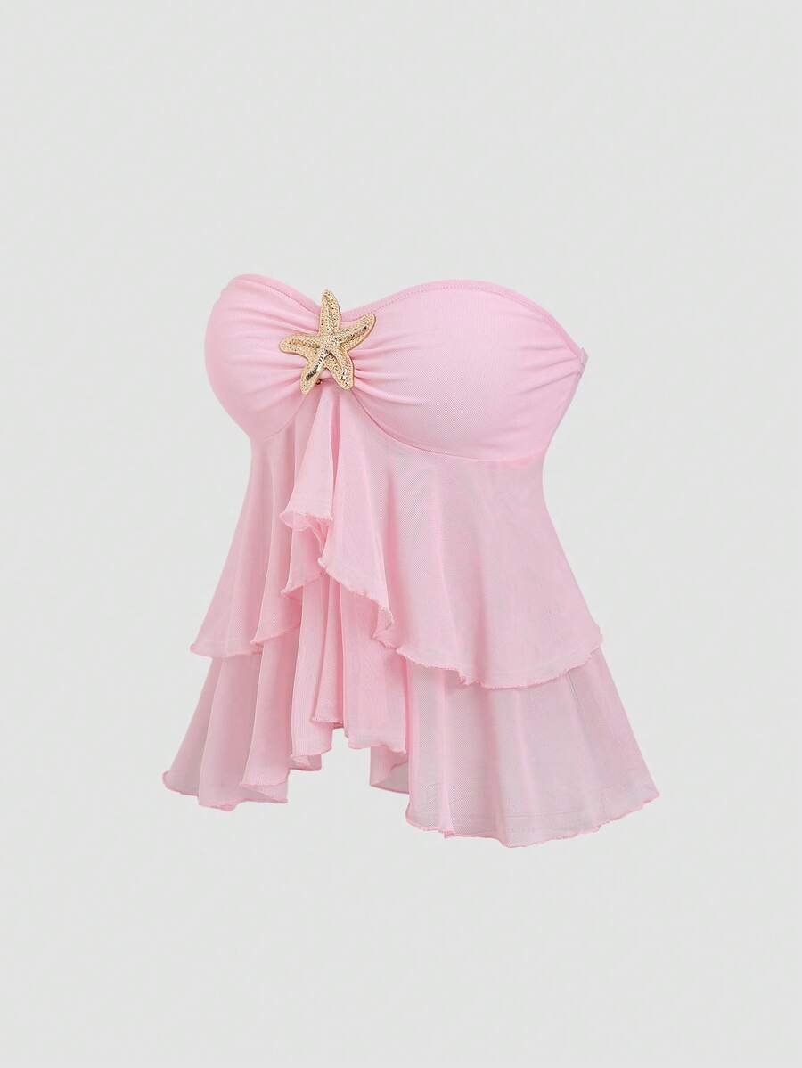 Sunnyshic Y2K性感荷叶边露脐吊带背心，度假百搭 - 粉色 - 查看 1