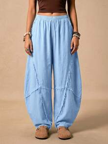 Easelle 复古西部波西米亚风休闲蓝色弯刀设计女裤，边缘切割设计，适合春夏穿着 - 藍色 - 查看 3