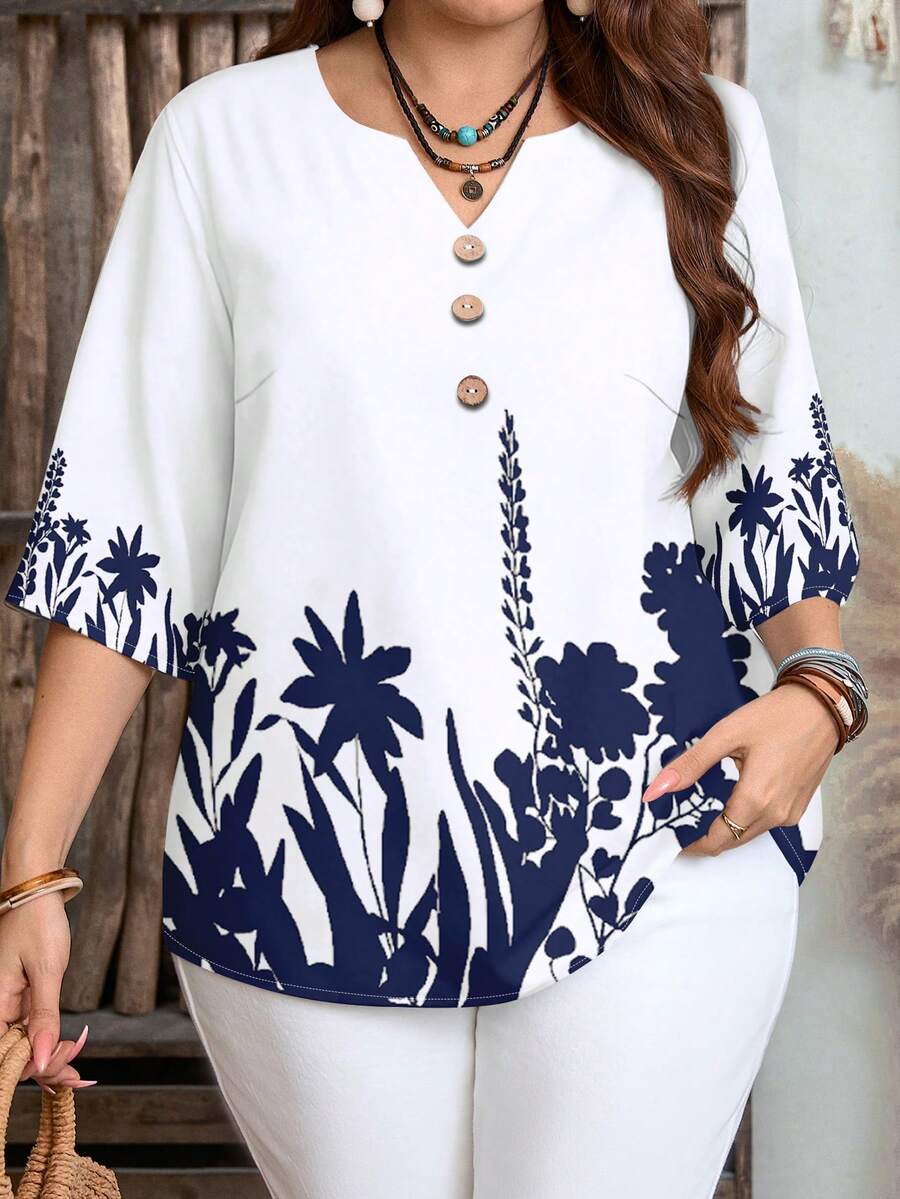 EMERY ROSE Plus Size Casual Minimalist Shirt, Suitable For Summer - Multicolor - View 1