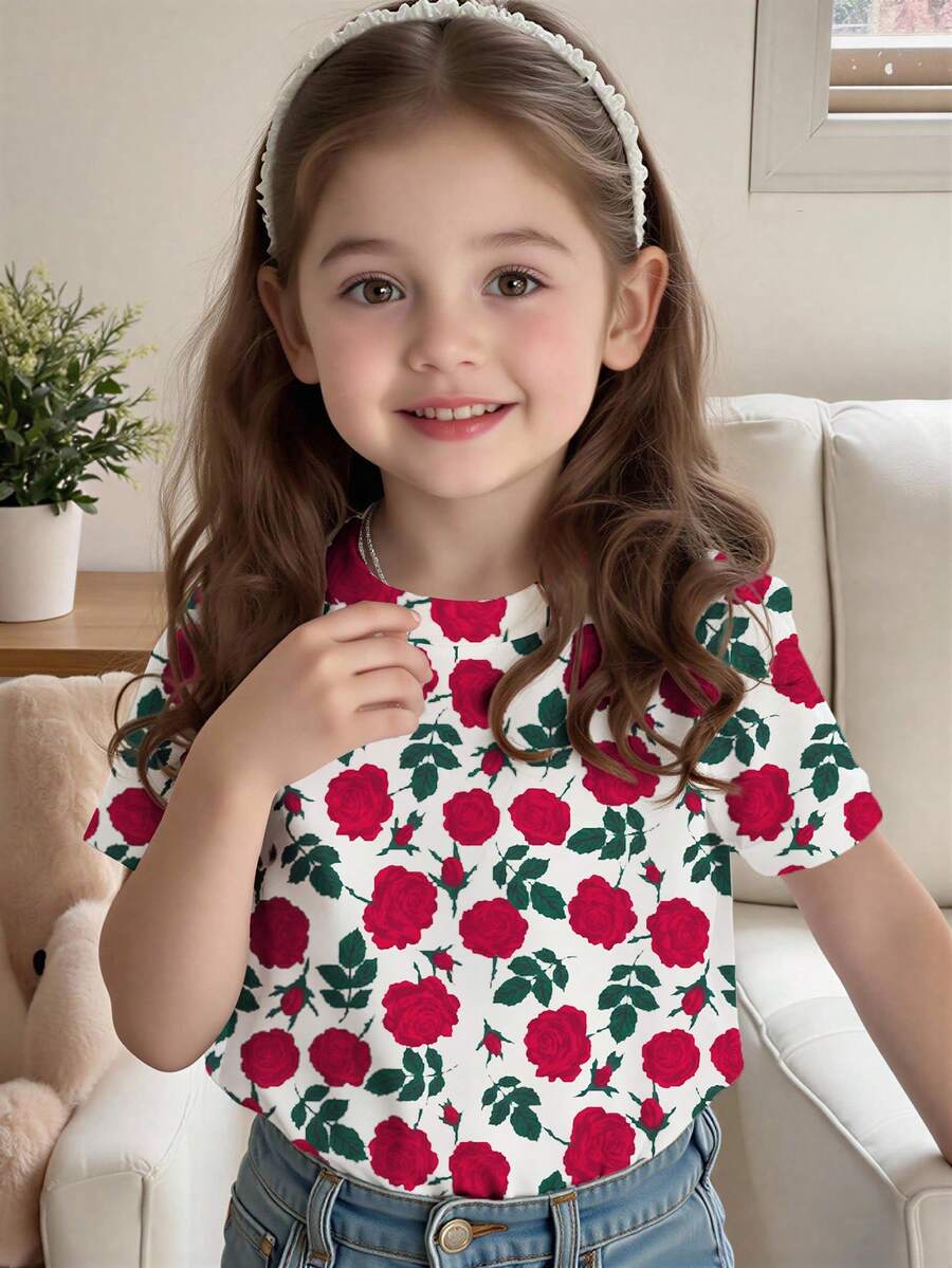 Baby Girl Casual Red Rose Print Short Sleeve Round Neck T-Shirt, Suitable For Summer