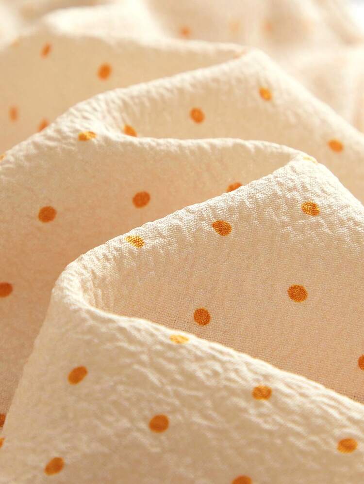 Beige Sleeveless Top With Orange Polka Dots, V-Neck And Ruffle Trim Romantic Spring Summer Style French Style Parisian Style Going Out