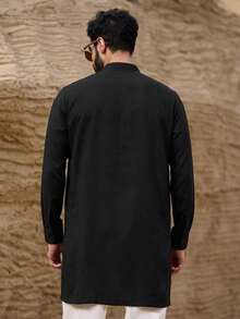 DAZY 男士中长款黑色衬衫，翻领领带设计，春季款 - 黑色 - 查看 2