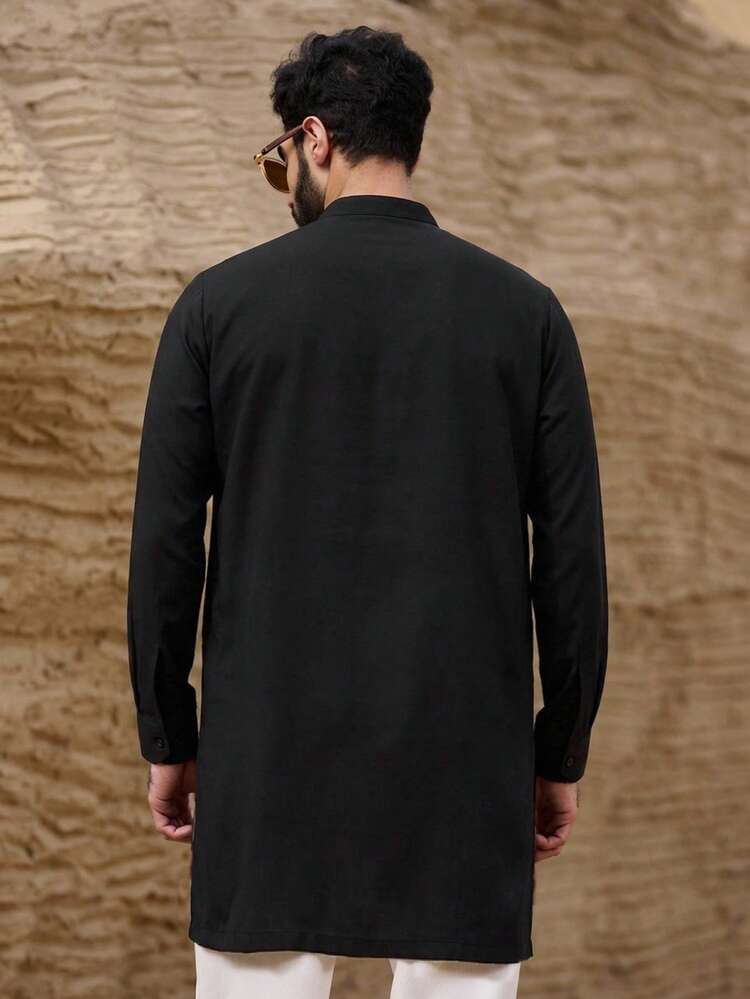 Mid-Length Black Shirt With Lapel Tie Design For Men, Spring Summer