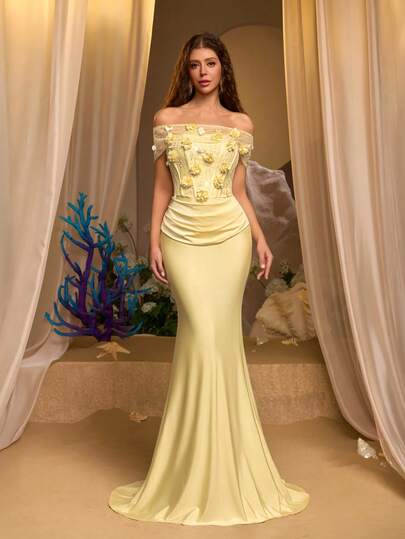 Glamrae Elegant Luxury Off-Shoulder Beaded Embroidered Satin Matte Boned Ruched Fishtail Formal Gown, Suitable For Festivals, Weddings, Galas, Concerts, Business Events, And Social Media Influencer Occasions
