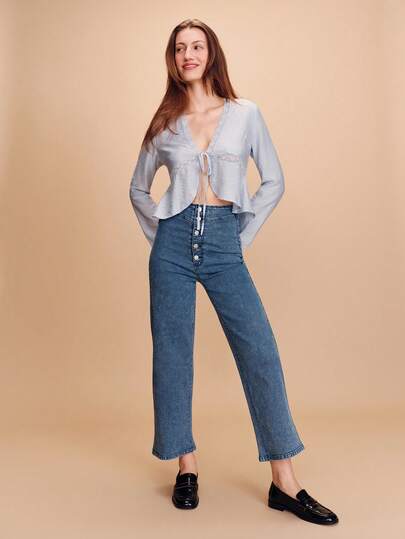 lacRébo High-Waisted Blue Jeans With Button Closure Cute Style Spring Summer Going Out Daily Chic Pants French Style Parisian Style