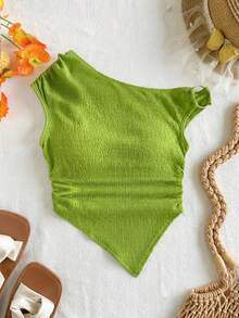 Travachic KIDS 少女夏季休闲百搭绿色纹理不对称肩部上衣 - 綠色 - 查看 2
