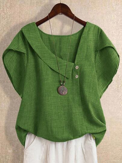 Linhara Plus Size Women Summer Casual Vacation Daily Commute Asymmetrical Neck Petal Sleeve Loose Blouse Linen Tops For Women Lime Green Top Green Summer Top Green Top Green Blouse Plus Size Green Tops St. Patrick's Day Spring/Summer