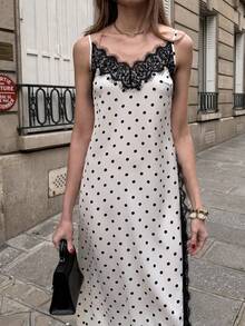 Pariaura Women's New V-Neck Lace Trim Side Slit Maxi Slip Dress - White - View 1