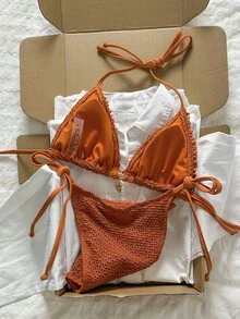 Swim Mod 女士春夏提花面料挂脖金属装饰荷叶边比基尼套装 女士沙滩装 比基尼套装 女士沙滩装 比基尼配饰 - 棕色 - 查看 4