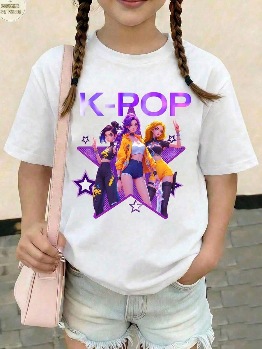 Tween Girl Letter & Character Graphic Round Neck Short Sleeve T-Shirt - White - View 1