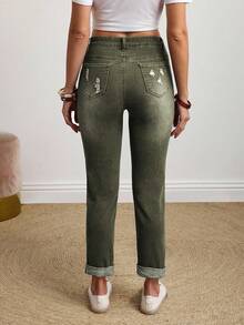EMERY ROSE Plus Size Women's Fashionable Embroidered Pocket Denim Jeans - Green - View 2