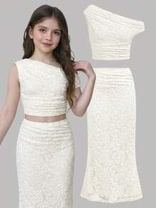 SHEIN Girlism 少女杏色优雅休闲蕾丝边不对称肩短袖T恤和半裙套装 - 杏色 - 查看 1