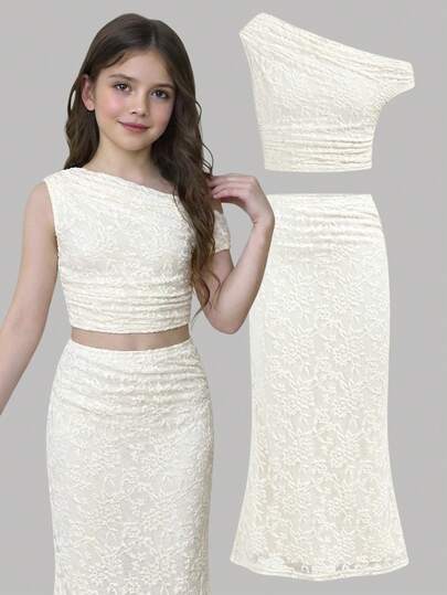 SHEIN Girlism 少女杏色优雅休闲蕾丝边不对称肩短袖T恤和半裙套装