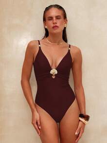 Swim Chiccia Women's One-Piece Swimsuit With Shell Metal Decor,V-Neck,Red,Summer,Elegant,Beach Party,Holiday Zestiva Yummy Control Bathing Suits Swimwear - Brown - View 4