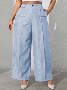Vionelle 大码女式纯色前袋休闲西装裤阔腿裤女士阔腿裤女士休闲裤女士阔腿裤女士夏季裤装 - 淺藍色 - 查看 4