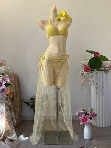 SuriyaCove Women's Sheer Lace-Up Skirt, Summer - Yellow - View 1