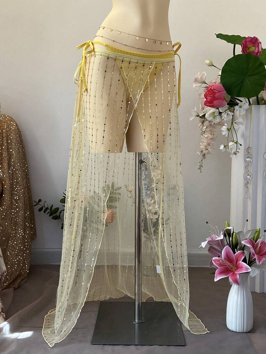 SuriyaCove 女士夏季薄纱系带半身裙 - 黃色 - 查看 1