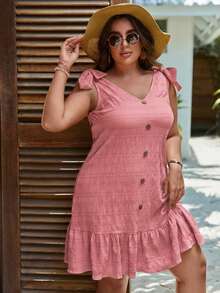 Comfylo Plus Tie Shoulder Fake Button Ruffle Hem Summer Outfits Dress - Dusty Pink - View 4