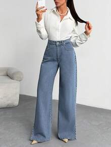 Side Pearl Jean High Rise Wide Leg Side Slit Denim - Light Wash - View 4