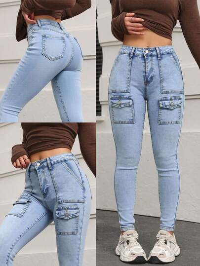 Jeans Ajustados de Cargo con Múltiples Bolsillos de Alta Elasticidad de Color Gris Oscuro/Azul Claro/Azul Oscuro/Azul Claro para Mujer, Pantalones que Levantan las Nalgas y Adelgazan las Piernas