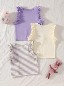 SHEIN Vintaside Kids 3件套女童夏季休闲可爱甜美舒适弹力上衣，包括纯粉色、杏色和条纹荷叶边袖背心，适合居家、度假和日常穿着。 - 紫色 - 查看 2