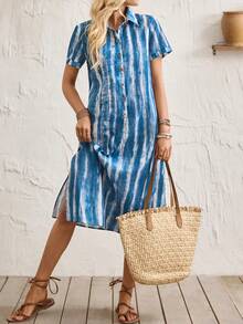Breezaya 女士休闲度假Polo领半拉链扎染梭织面料休闲度假春夏蓝白休闲连衣裙，女士度假连衣裙，女士沙滩连衣裙，女士碎花连衣裙 - 彩色 - 查看 5
