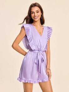 Coeurva Women's Elegant Purple Summer Loose V-Neck Solid Color Jumpsuit,Woven Brunch Vacation Dress,Cute Resort Wear New Arrival Casual Dresses For Women - Mauve Purple - View 5