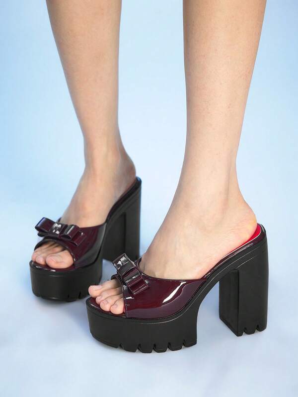 Sugerpunk Women's Fashionable And Cute Peep-Toe Open-Toe High-Heeled Sandals, Punk-Style Gothic Elegant Bow Strap Design, Thick Waterproof Platform Chunky Heel, Spring/Summer Nightclub Party Festival Slip-On Women's Shoes 2000s Style