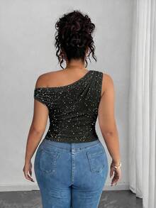 Elenzga Áo thun nữ cỡ lớn chất liệu vải bóng mới, cổ áo bất đối xứng, ôm dáng, đa năng, thích hợp mặc thường ngày, mùa xuân/hè. - màu đen - Xem 2