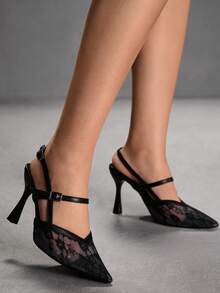 CUCCOO SZL Black Lace Net Fabric French Style Peep Toe High Heel Sandals, Suitable For Dresses, Autumn - Black - View 7