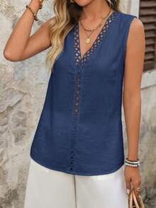 SHEIN LUNE Áo không tay đơn sắc tối giản dành cho nữ - Màu xanh hải quân - Xem 4