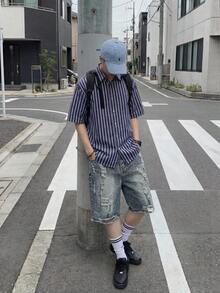 SHEIN Tween Boys' Fashionable Street Style Slim Fit Distressed Light Wash Blue Denim Shorts, Casual Everyday Versatile - Dark Wash - View 3