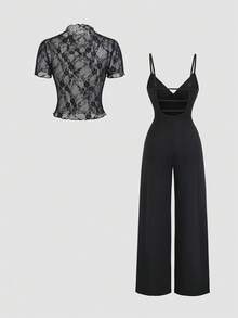 Sweetra Y2K Sexy Sheer Versatile Commute & Vacation Elegant Lace Wide Leg Pants 2 Pieces Set - Black - View 2