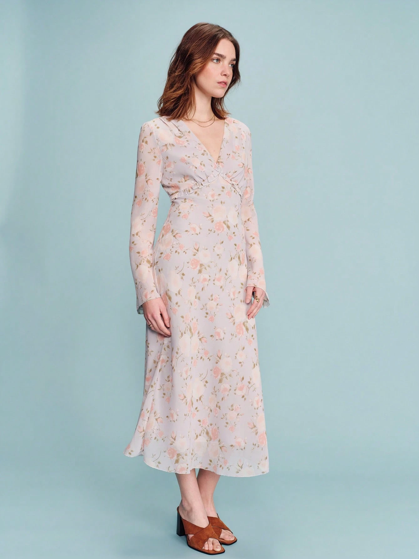 Romantic Floral Print Long Sleeve Midi Dress With Ruffled Front Bust Detail And Soft Flowing Silhouette Feminine Spring Summer Dress French Style Parisian Style  Going Out Long Sleeve Dresses Woman Long Floral Dress Women Flowery Dress