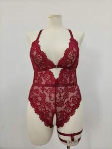 2pcs Plus Size Lace Wireless Lingerie Set, Intimate Apparel For Valentine's Day - Burgundy - View 5