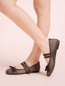 CUCCOO DOLLMOD Zapatos planos de mujer con puntera redonda, malla, lazo y ojetes metálicos, de dos correas, casuales, para ir y venir, básicos, para vacaciones - Marrón - Ver 5