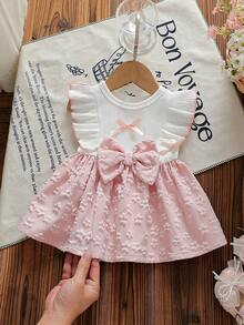 SHEIN Robe blanche sans manches pour bébé fille nouveau-né avec col en dentelle, patchwork rose et nœud. Nouvelle robe élégante, rétro et mignonne en tissu confortable - Rose pâle - Voir 5