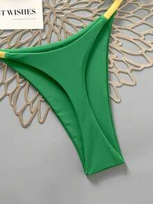 Swim Vcay Neck Tie Colorblock Thong Bikini Set, Cute Swimwear - Green - View 9