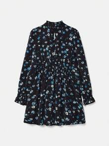 lacRébo Blue Vintage Style Floral Print High Ruffle Neck Mini Dress With Cut Out Chest Detail And Shirred Waist French Style Parisian Style - Black - View 7