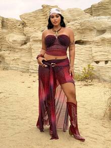 Rustia Plus Size Leopard Ombre Print Vacation Style Bandeau Top And Slit Hem Skirt 2 Pieces Set - Red - View 4